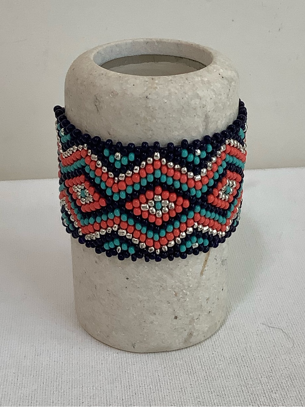 Coral, Teal & Navy Beaded Wide Cuff Bracelet